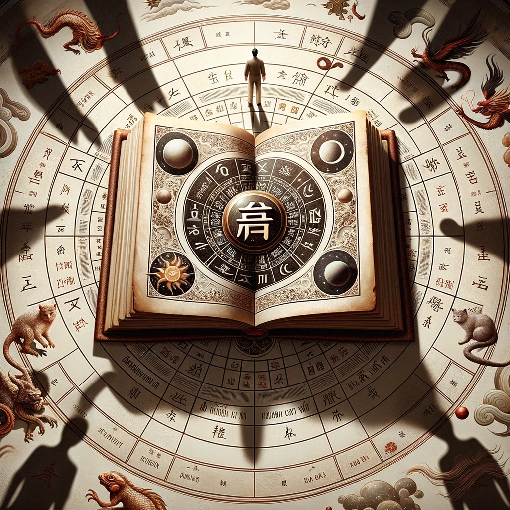 DALL·E 2023 10 19 12.19.02 Realistic image illustrating the essence of Dinh Nghia Ve Tu Vi. At the center an open antique book with the words Tu Vi is placed with illustra