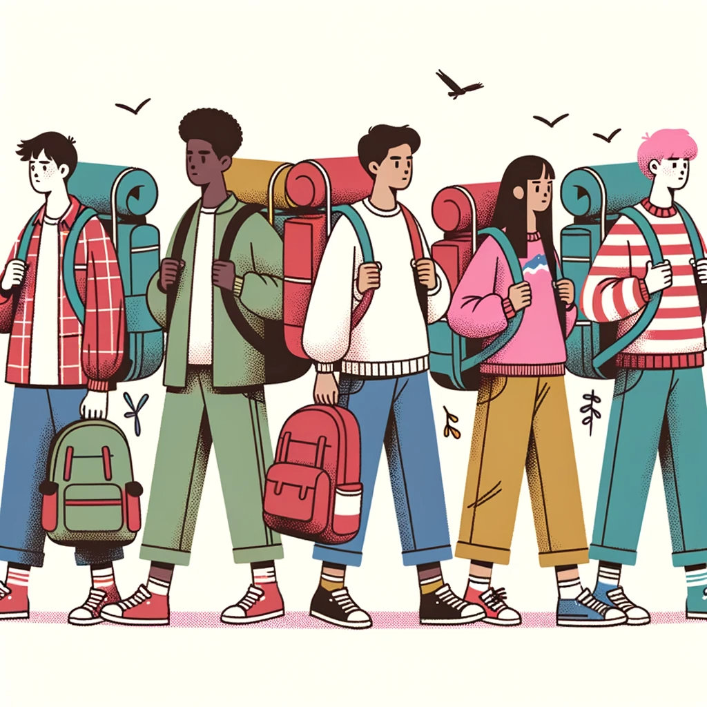 DALL·E 2023 10 19 19.15.43 Illustration of diverse teenagers of the same age group carrying heavy backpacks symbolizing peer pressure